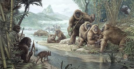 Kreslíova pedstava ukazuje vyhynulé druhy Gigantopithecus a Homo erectus v