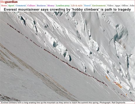 Dav horolezc stoupá k vrcholu Mount Everestu.