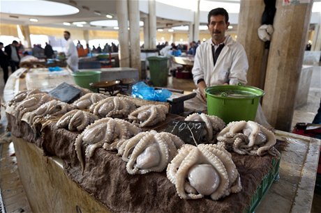 Chobotnice na triti v tuniském pístavu Sfax