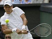 BOJ. Tom Berdych se v prvnm kole Wimbledonu trpil s Lotyem Ernestsem