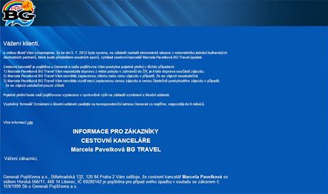 Informace o padku na webu CK BG Travel.