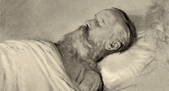 Nmecký skladatel Johannes Brahms na smrtelné posteli. Kresba Ludwiga Michalka