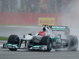 MILOVNK MOKRA. Michael Schumacher z tmu Mercedes pi trninku na okruhu v