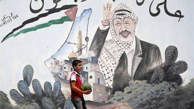 Portrét nkdejího palestinského vdce Jásira Arafat na Západním behu Jordánu