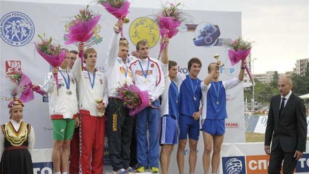 Čeští pětibojaři Michal Michalík, Jan Kuf a Michal Sedlecký (zprava) na Čeští pětibojaři Michal Michalík, Jan Kuf a Michal Sedlecký (zprava) na
