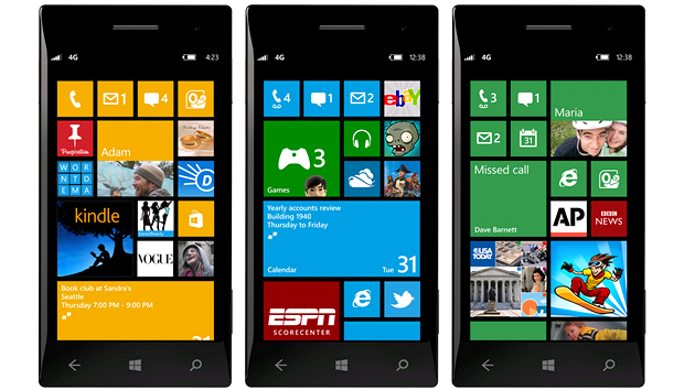 Hlavní obrazovka Windows Phone 8 s trojí velikostí dladic