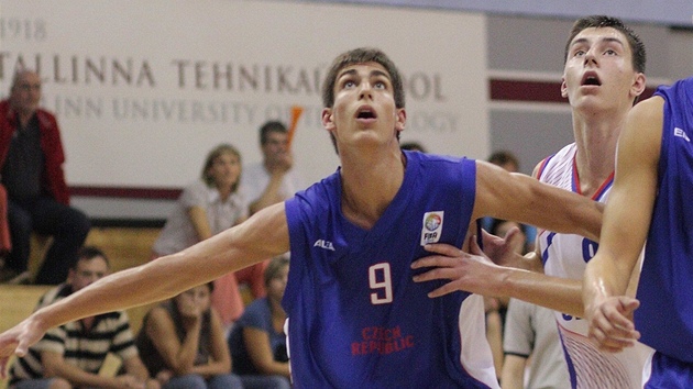 esk basketbalista Adam Pechek (v modrm dresu) v podkoovm souboji v utkn se Slovenskem.