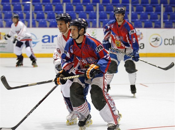 Momentka ze semifinále mistrovství svta inline hokejist esko - USA v roce 2012.