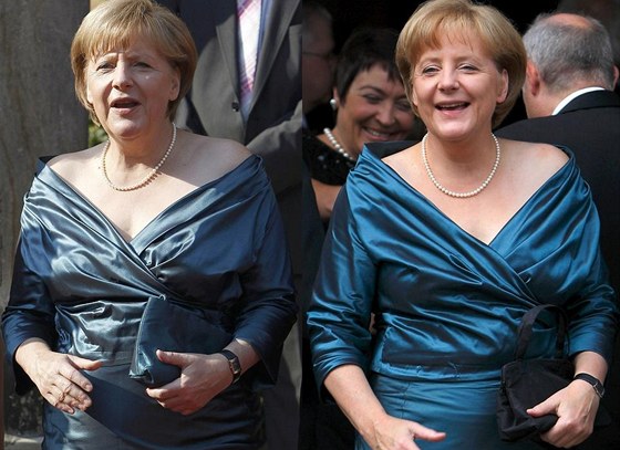 Angela Merkelová na operním festivalu v Bayreuthu v roce 2012 (vlevo) a v roce...