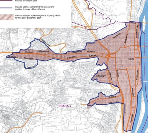 Plánek Prahy 5, kde v lednu vzniknou první parkovácí zóny.