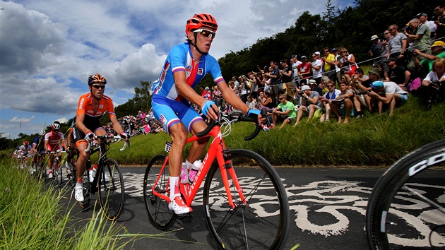 Roman Kreuziger pi stoupn na Box Hill v zvod s hromadnm startem na olympid v Londn.