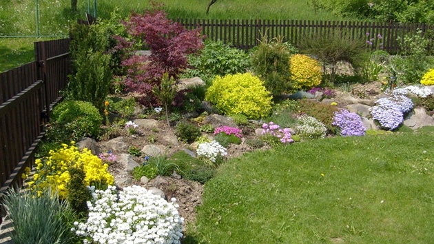 Roh zahrady zi kvetoucmi barevnmi koberci, pohled od domu mus bt asn nabjejc. 







