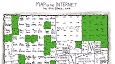 Mapa internetu podle xkcd.com z roku 2006. Dnes u jsou zelená místa dávno