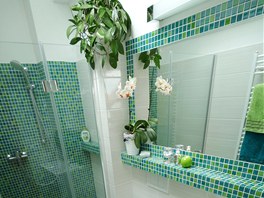 Koupelna a doplky jsou ladn do sv zelen barvy. 