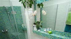 Koupelna a doplky jsou ladné do sví zelené barvy. 