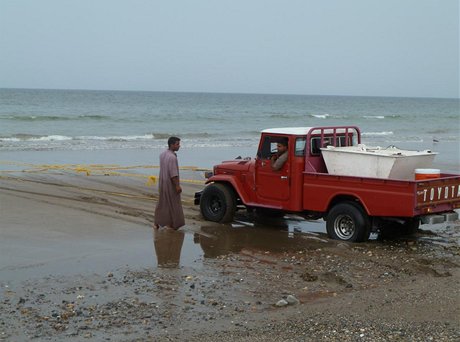 Rybái v Ománu pouívají Land Cruisery k vleení sítí do moe a zpt. V celé