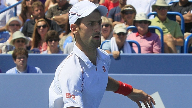 Novak Djokovi ve finle turnaje v Cincinatti proti Rogeru Federerovi.
