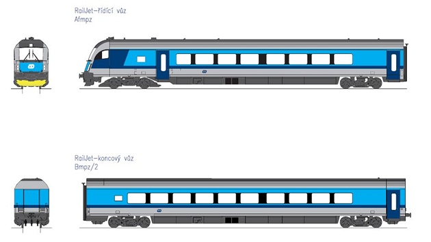 Souprava railjet v barvch eskch drah.