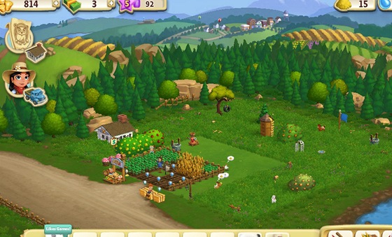 Pohled z dálky na farmu ve Farmville 2