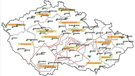 Mapa mst, ve kterch budou ltat letadla a vrtulnky v rmci mezinrodnho