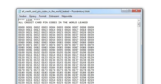 Textový soubor se seznamem "uniklých kód" dostupný na internetu