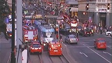 Nehoda tramvaje s autem na I. P. Pavlova pohledem z dopravní webkamery (15.