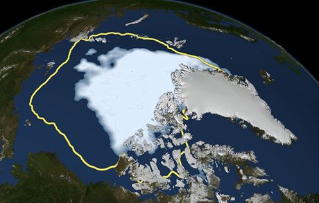 Mapa ledu v Arktid k 16.  záí 2012. lutá ára naznauje, kde koníval led v