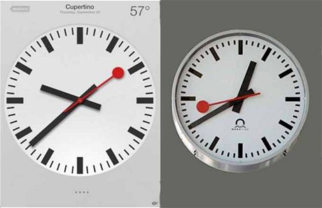 Porovnání hodin na iPadu s iOS 6 a nádraních hodin, patících výcarské...