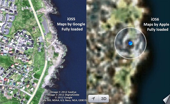 Porovnání mapových aplikací od Google (iOS5) a Apple (iOS6)