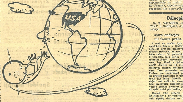 Tdle. Sovtsk svaz ukzal USA dlouh nos. Vtip z tituln strany Mlad Fronty 8.10.1957.