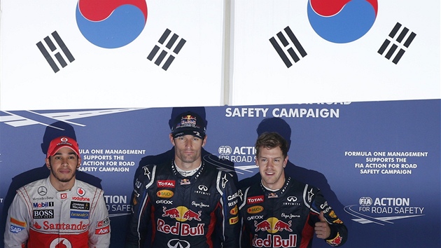 TI NEJLEP. Kvalifikaci Velk ceny Koreje F1 vyhrl Mark Webber (Red Bull) ped tmovm kolegou Sebastianem Vettelem a Lewisem Hamiltonem (McLaren).