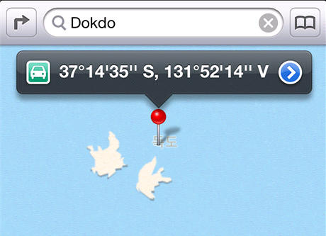 Souostrov Dokdo na mapovch podkladech pro iOS 6.