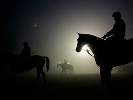 TRÉNINK V TEMNOTÁCH. Jezdci trénují na známý jezdecký svátek Breeders' Cup v...