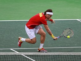 DO ÚTOKU. David Ferrer se v daviscupovém souboji s eskými tenisty ene k síti 