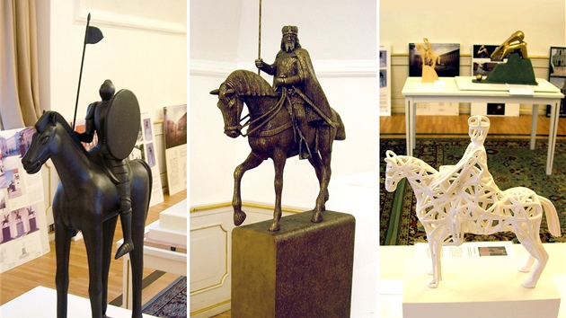 První ti vítzné návrhy (první místo vlevo) na jezdeckou sochu moravského...