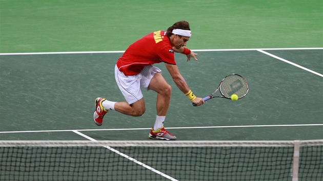 DO TOKU. David Ferrer se v daviscupovm souboji s eskmi tenisty ene k sti 