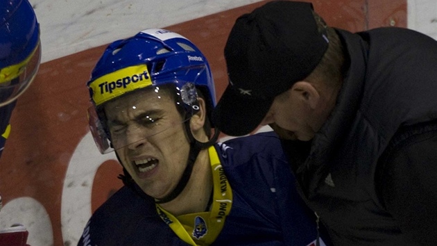 Otesen kladensk tonk Michal Dragoun po stetu s jednm z karlovarskch hokejist.