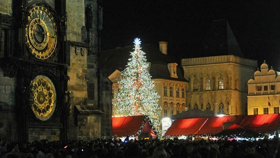 Vánoní strom na Staromstském námstí v Praze slavnostn rozsvítil primátor