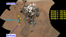 Curiosity na svém místě v Galově kráteru, před ní jsou pozůstatky její práce. Curiosity na svém místě v Galově kráteru, před ní jsou pozůstatky její práce.