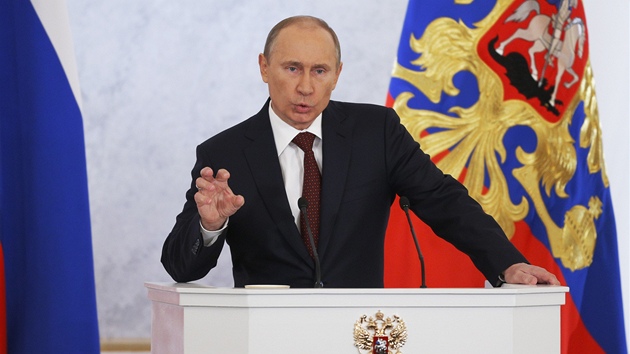 Rusk prezident Vladimir Putin pedn v Kremlu poselstv o stavu zem (12. prosince 2012)
