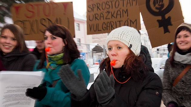 Demonstrace proti sexistick reklam ve vloze obchodu v Hradci Krlov (12. 12. 2012).