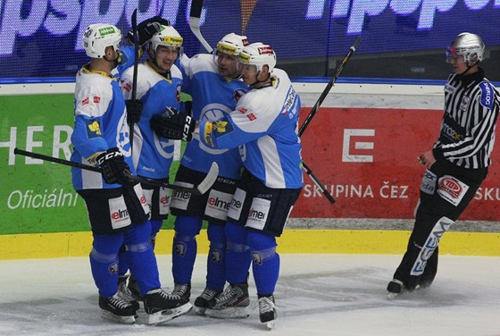 Hokejisté Plzn se radují ze vsteleného gólu.