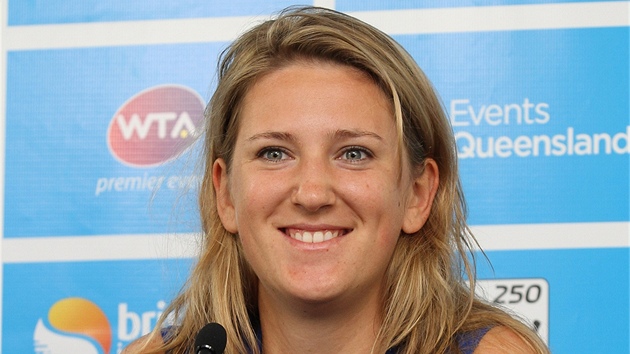 Svtov tenisov jednika Victoria Azarenkov na tiskov konferenci ped prvnm turnajem nov sezony v australskm Brisbane.