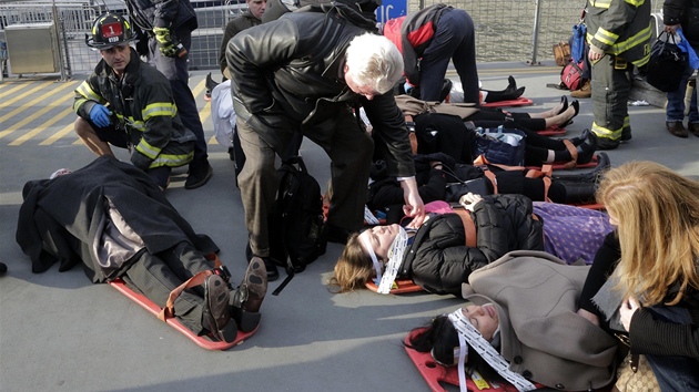 V pstavu na newyorskm Manhattanu havaroval trajekt, zranilo se na padest lid (9. ledna 2013) 