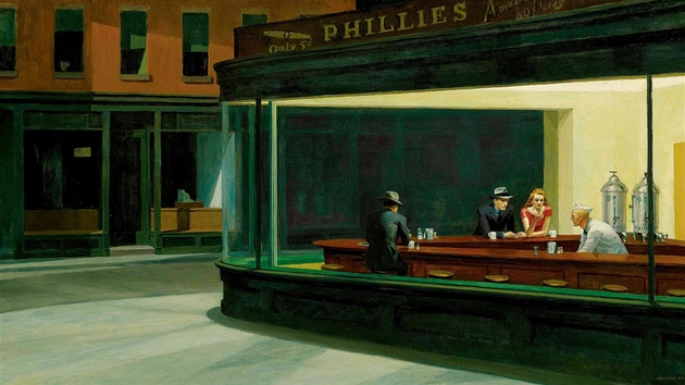 Asi nejznámjí obraz Edwarda Hoppera Nighthawks (z roku 1942). 