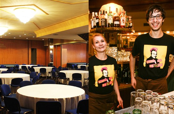 Vlevo interiér Top Hotelu Praha, kde bude mít raut Milo Zeman; vpravo catering