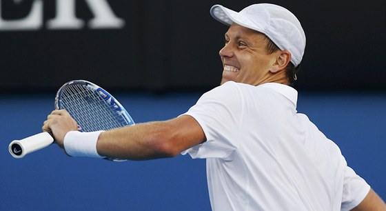 RADOST. Tomá Berdych slaví postup do tvrtfinále Australia Open.