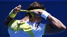 POT. panlský tenista David Ferrer si upravuje elenku a tee z ní pot bhem