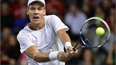 BEKHEND. Tomá Berdych a jeden z jeho bekhendových úder v daviscupovém souboji