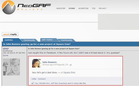 Podle uivatele serveru NeoGAF se na Facebooku objevil tento píspvek.